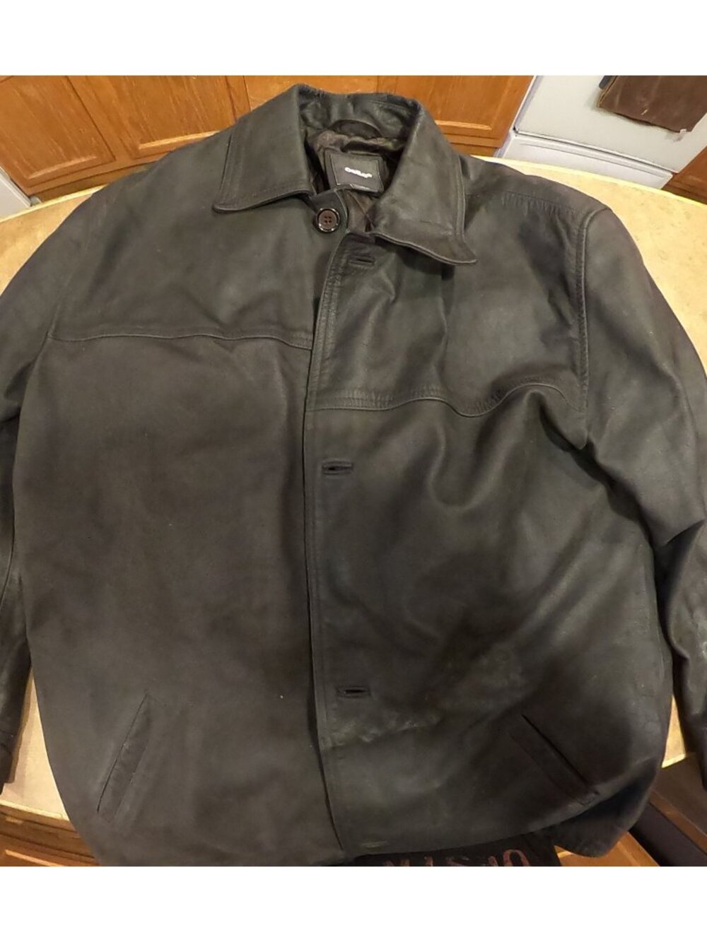 Genuine Leather Black Jacket By Chaps Size XL With Quilted Lining & Button Closu